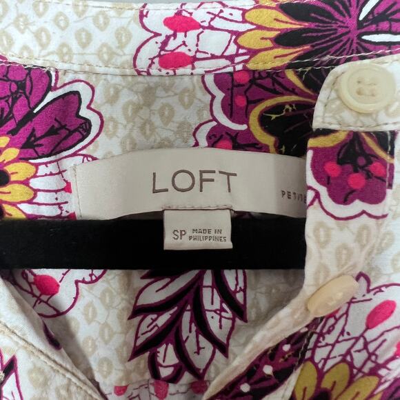 LOFT Floral Tunic Blouse Women’s Size SP White Purple Print 3/4 Bell Sleeve Top - Picture 5 of 7